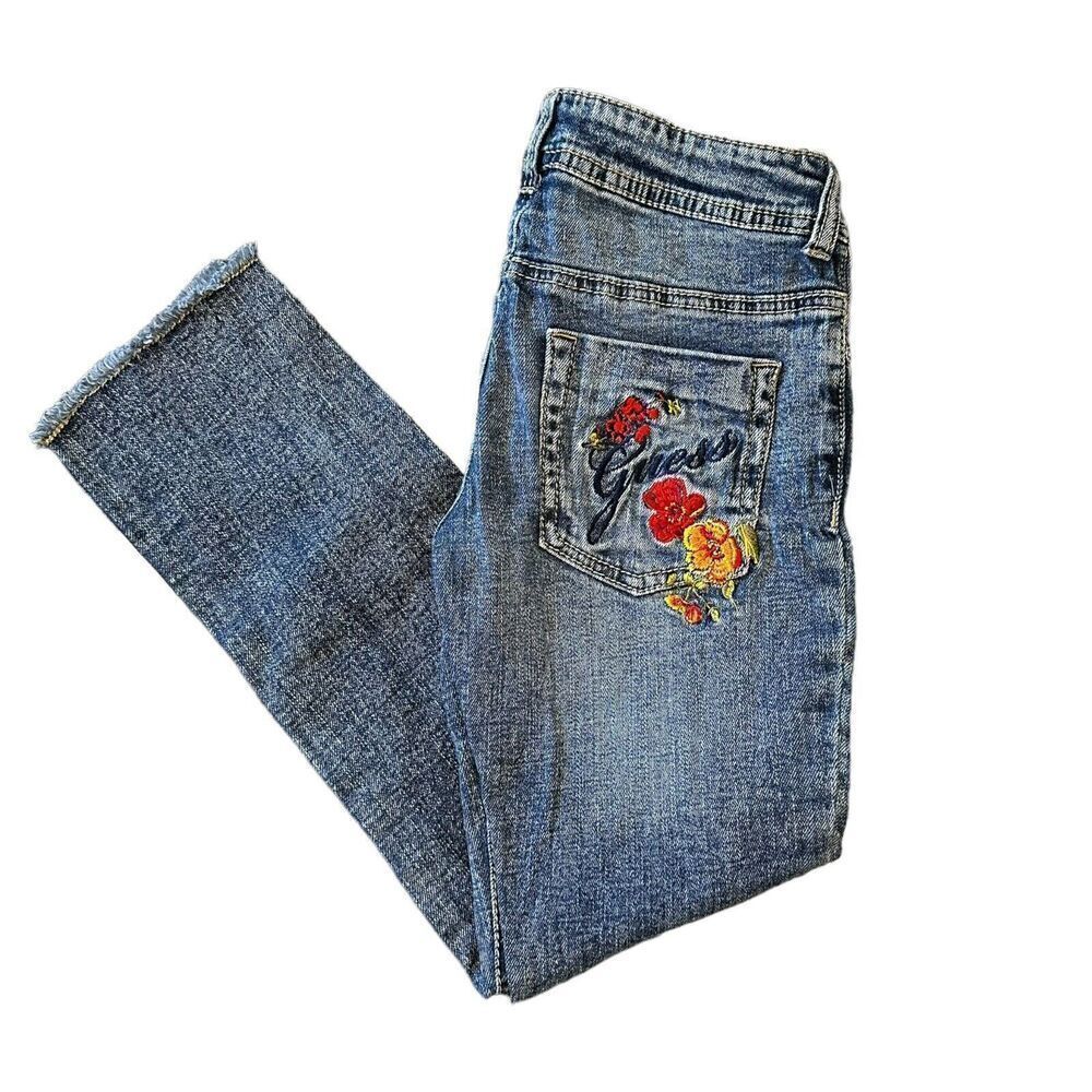 Guess Kids Jeans Size Girls 10 Floral Embroidered Straight‎ Denim Logo Raw Hem